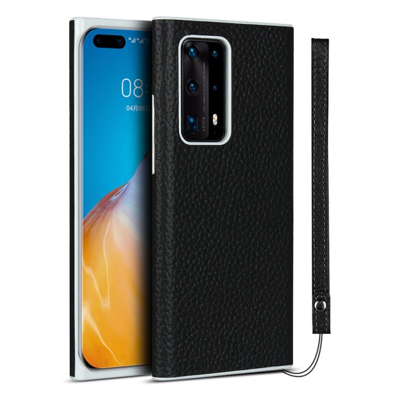 Kuori Huawei P40 Pro Plus Harmaa Musta Aitoa Litsi Nahkaa Hihnalla