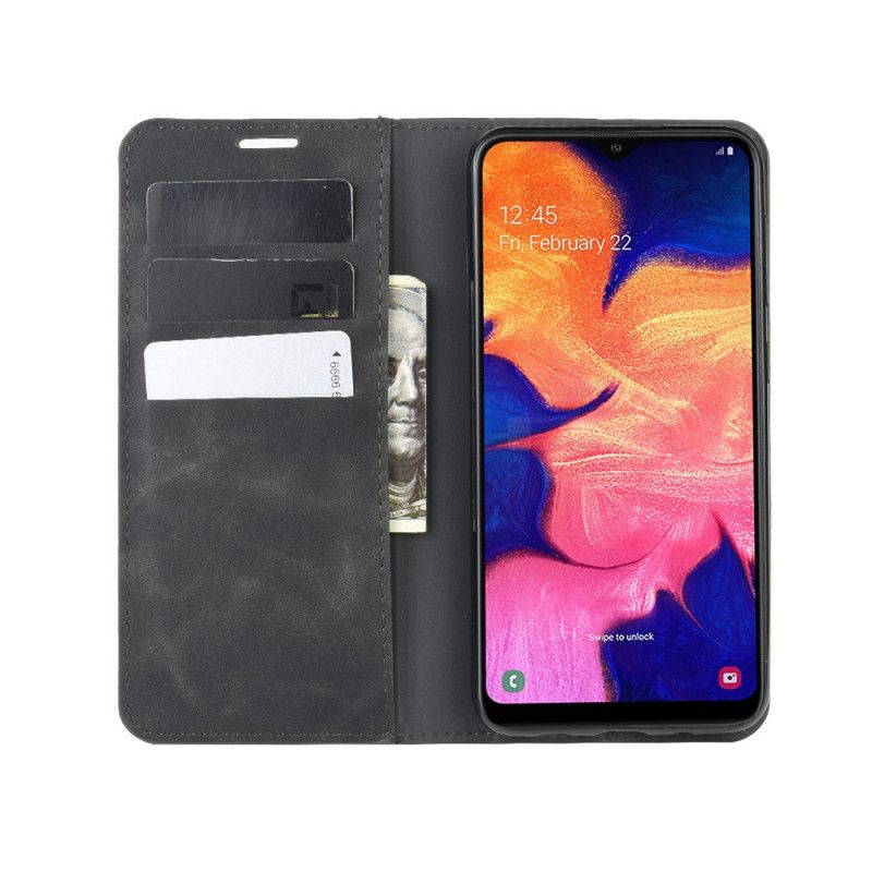 Flip Kotelot Samsung Galaxy A10 Harmaa Musta Pehmeä Nahkaefekti