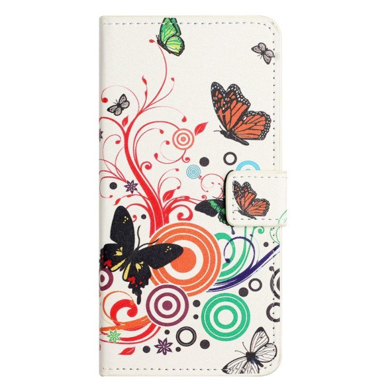 Flip Case iPhone 14 Pro Mustavalkoisia Perhosia