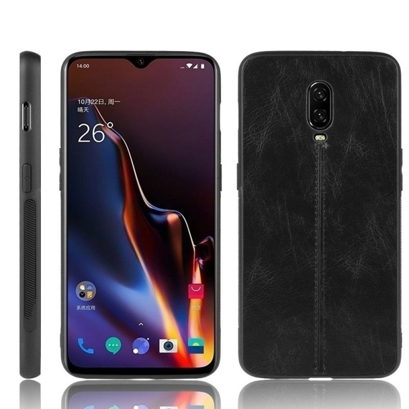 Kuori OnePlus 6T Punainen Musta Nahkainen Ommel Suojakuori