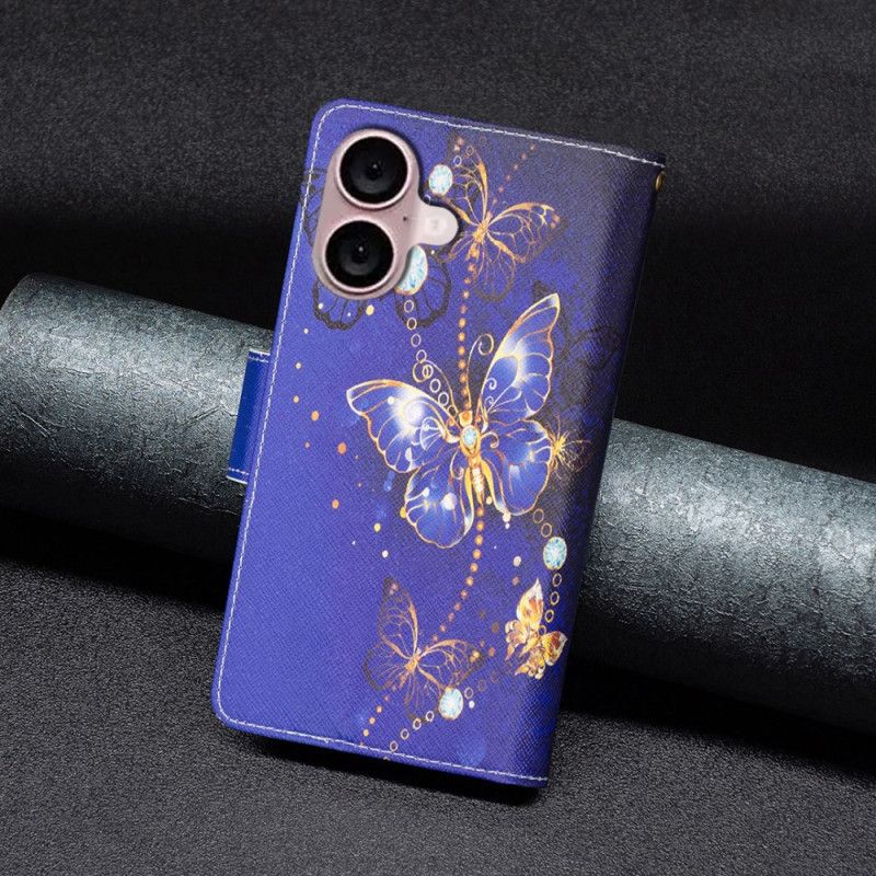 Kotelot iPhone 16 Plus Purple Butterflies -lompakko Hihnalla