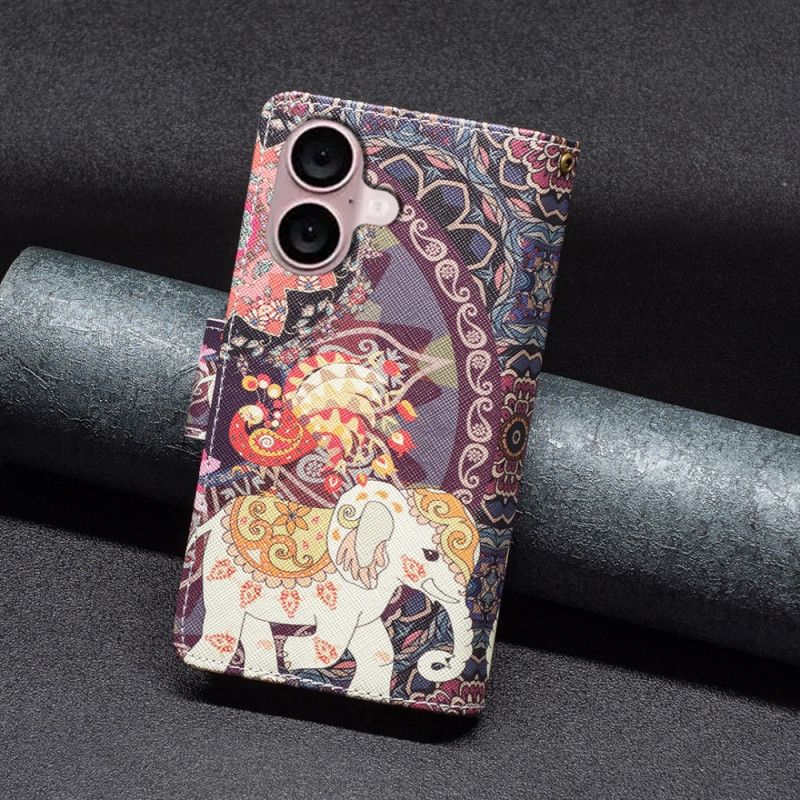 Kotelot iPhone 16 Plus Tribal Elephant -lompakko Hihnalla Suojakuori