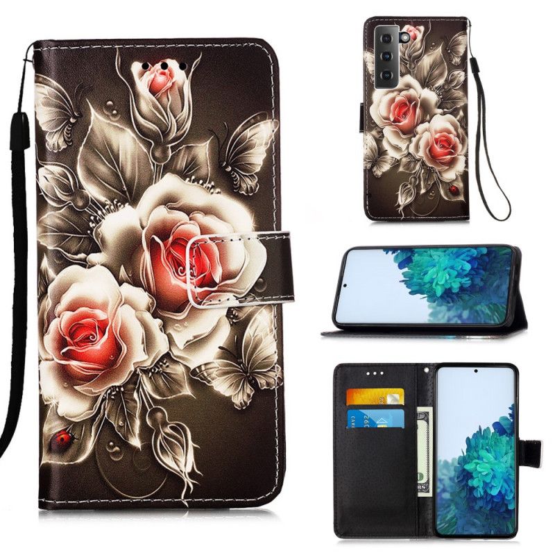 Flip Case Samsung Galaxy S21 Plus 5G Kultaiset Ruusut