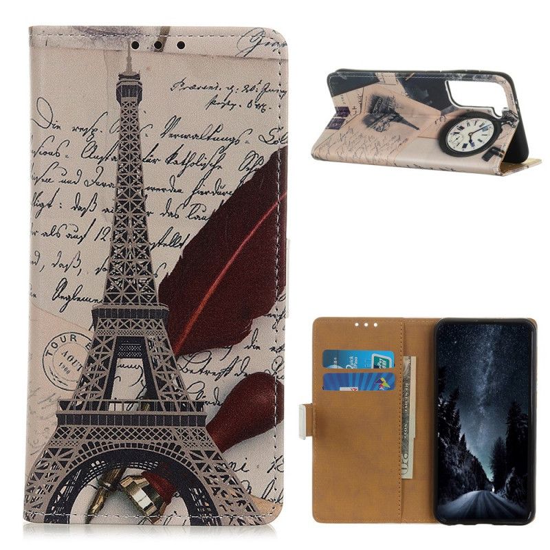 Flip Case Samsung Galaxy S21 Plus 5G Ruskea Harmaa Eiffel-Torni