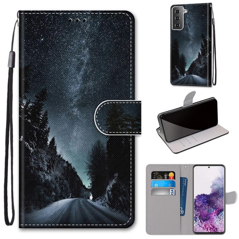 Flip Case Samsung Galaxy S21 Plus 5G Vaaleansininen Musta Salaperäinen Luonto