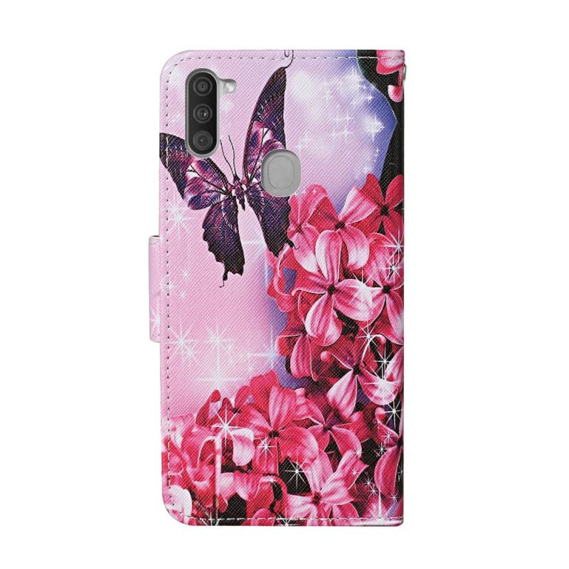 Flip Case Samsung Galaxy M11 Vaaleanpunainen Magenta Remmi Kukka Perhosia