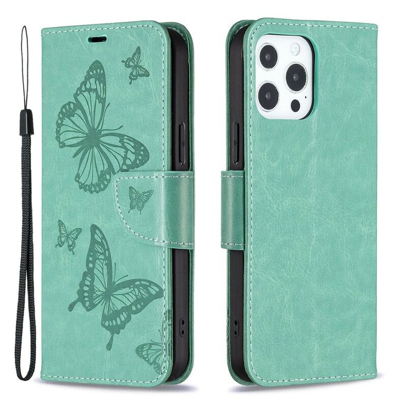 Flip Kotelot iPhone 13 Pro Butterflies Printed Strappy Suojakuori