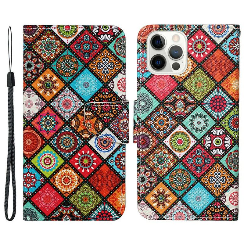 Kotelot iPhone 13 Pro Puhelinkuoret Patchwork Mandalat Kaulanauhalla