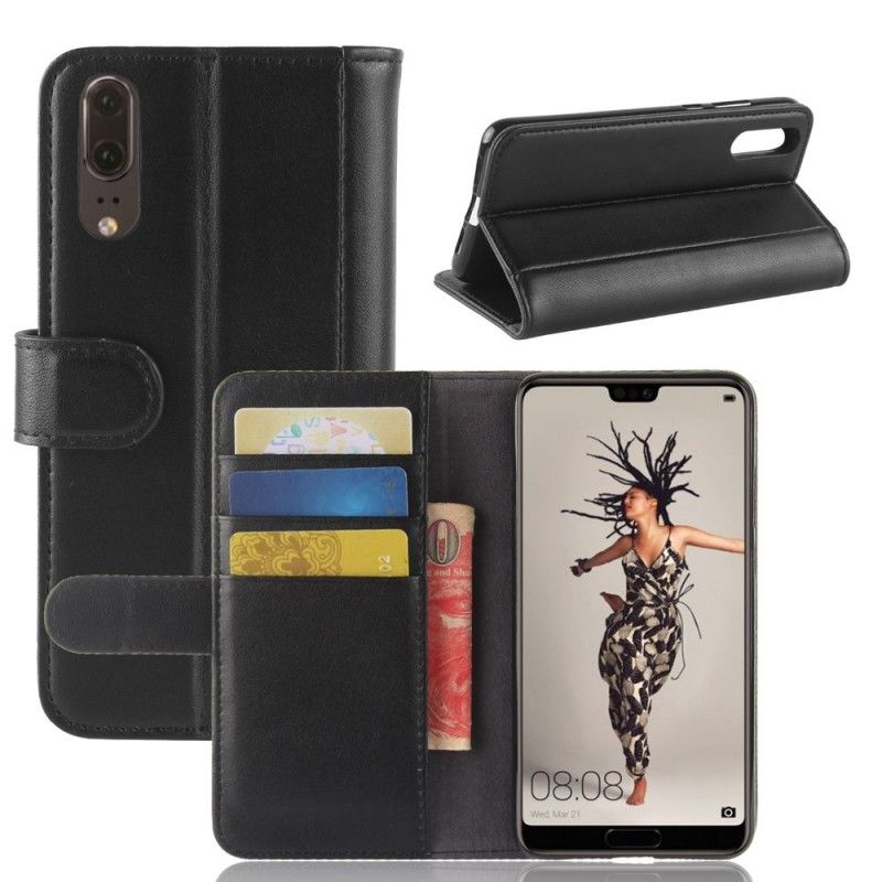 Flip Case Huawei P20 Ruskea Musta Aitoa Nahkaa