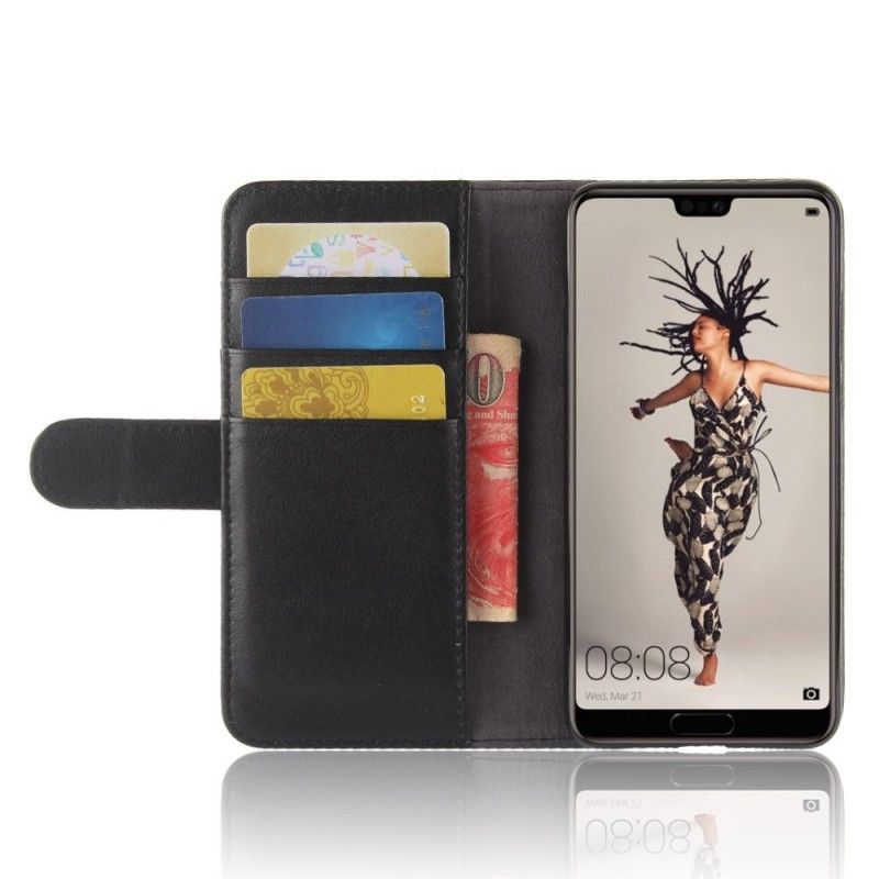 Flip Case Huawei P20 Ruskea Musta Aitoa Nahkaa