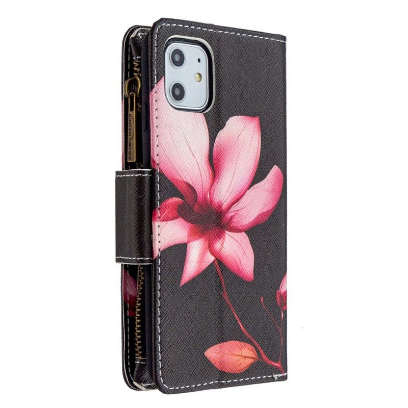 Flip Case iPhone 11 Valkoinen Musta Kukka Vetoketjutasku