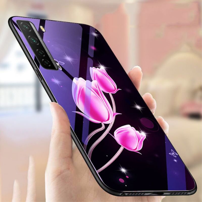 Kuori Huawei P40 Lite 5G Violetti Magenta Karkaistu Lasi Ja Kukka-Silikoni