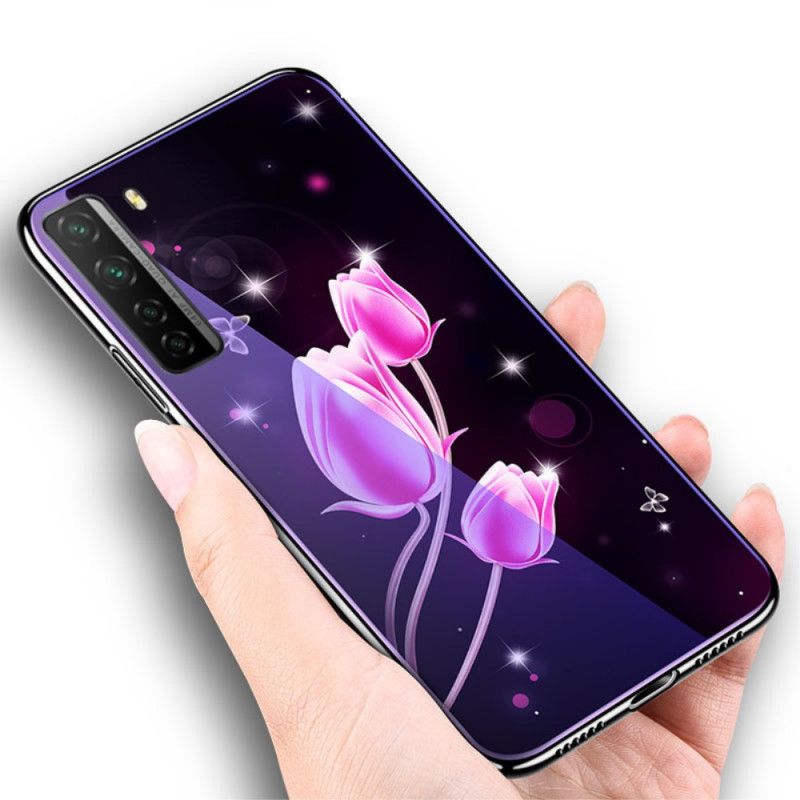 Kuori Huawei P40 Lite 5G Violetti Magenta Karkaistu Lasi Ja Kukka-Silikoni