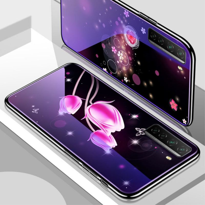 Kuori Huawei P40 Lite 5G Violetti Magenta Karkaistu Lasi Ja Kukka-Silikoni