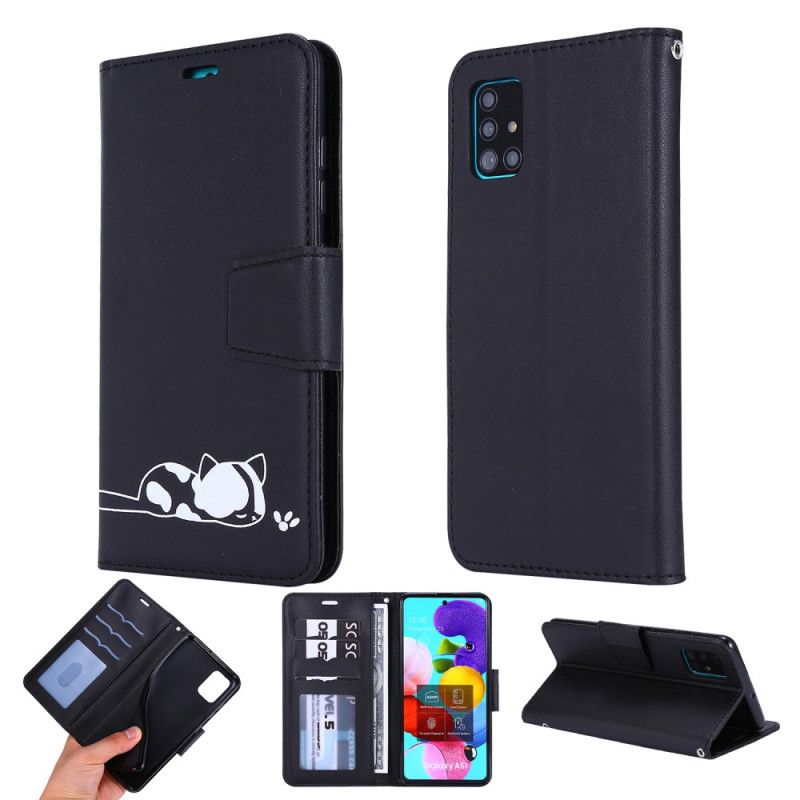 Flip Case Samsung Galaxy A51 Valkoinen Musta Nukkuva Kissa