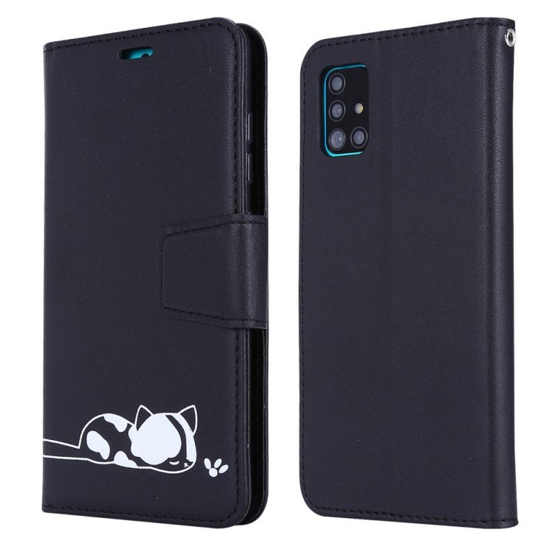 Flip Case Samsung Galaxy A51 Valkoinen Musta Nukkuva Kissa