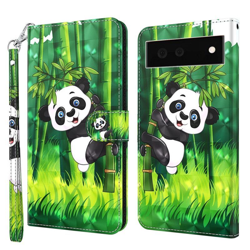 Flip Case Google Pixel 7 Pro Suojaketju Kuori Panda Ja Bambu Kaulanauhalla