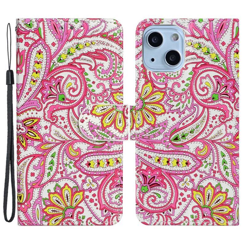 Flip Case iPhone 15 Plus Suojaketju Kuori Värikäs Kuvio Hihnalla