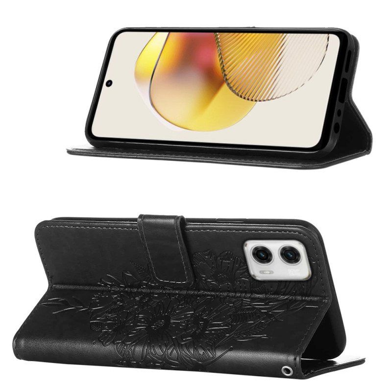 Flip Case Moto G73 5G Suojaketju Kuori Strappy Kukkaperhonen