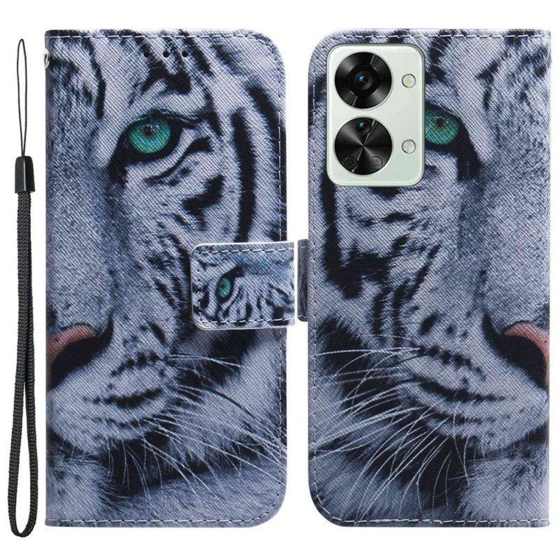 Flip Case OnePlus Nord 2T 5G Suojaketju Kuori Strappy White Tiger