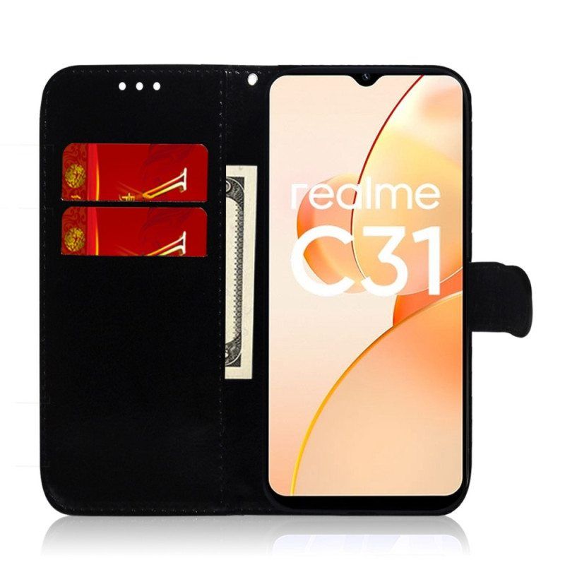 Flip Case Realme C31 Keinonahkaa Hihnalla