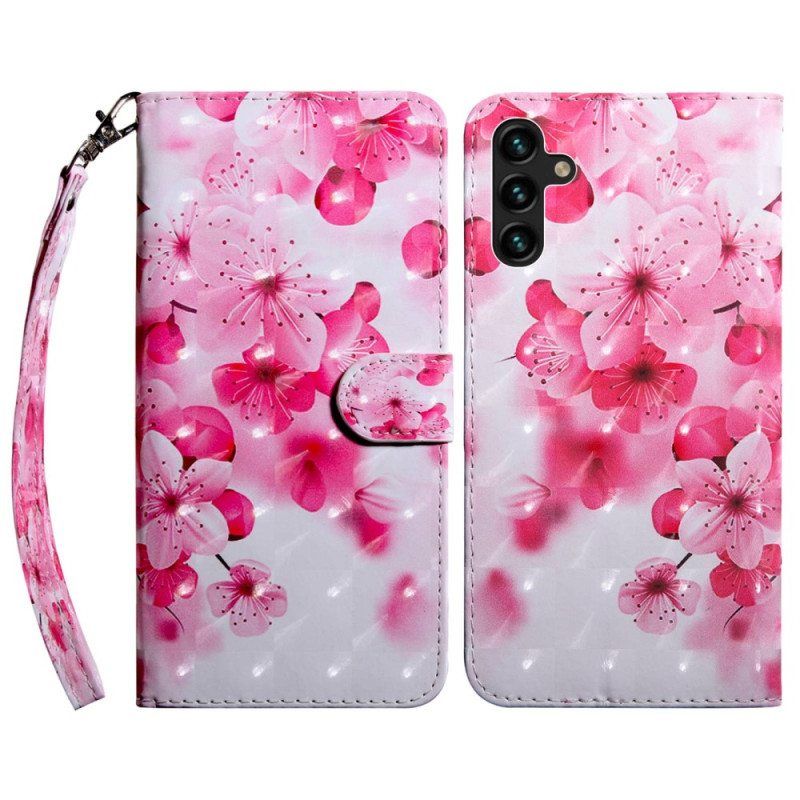 Flip Case Samsung Galaxy A14 / A14 5G Suojaketju Kuori Olkaimet Vaaleanpunaiset Kukat