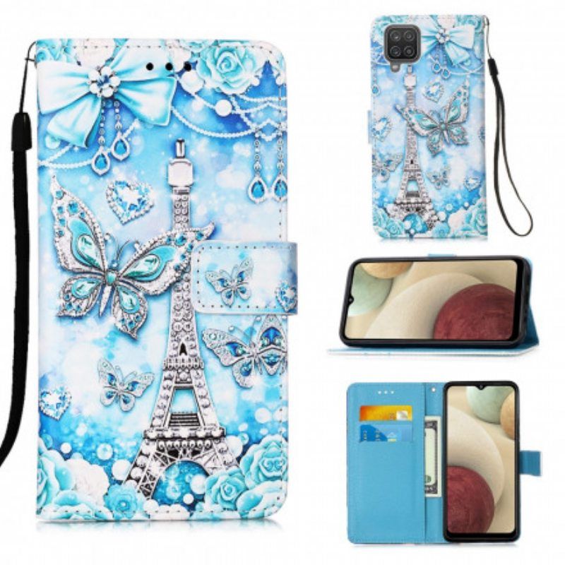 Flip Case Samsung Galaxy M12 / A12 Suojaketju Kuori Eiffel-tornin Perhoshihna