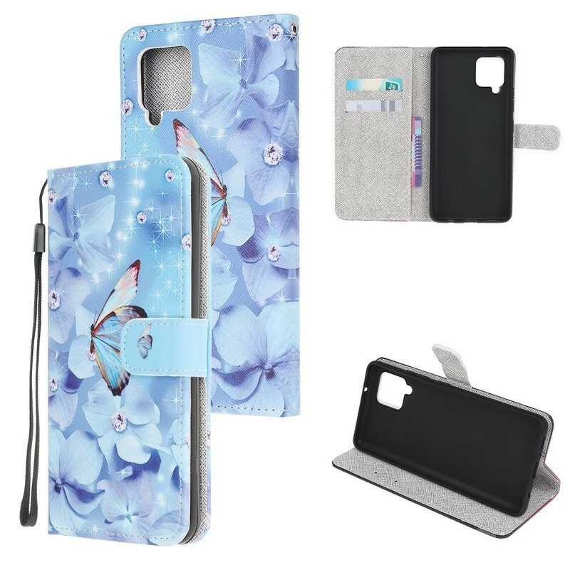 Flip Case Samsung Galaxy M12 / A12 Suojaketju Kuori Strappy Diamond Perhoset