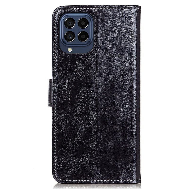 Flip Case Samsung Galaxy M53 5G Kiiltävä Keinonahka Ja Tikkaukset