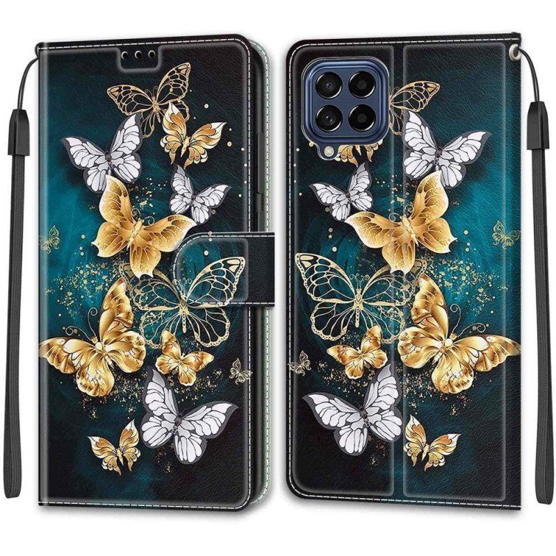 Flip Case Samsung Galaxy M53 5G Suojaketju Kuori Strap Butterflies Fan