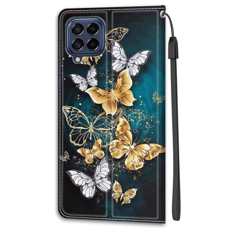 Flip Case Samsung Galaxy M53 5G Suojaketju Kuori Strap Butterflies Fan