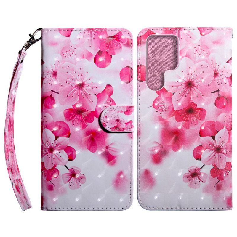 Flip Case Samsung Galaxy S22 Ultra 5G Vaaleanpunaiset Kukat