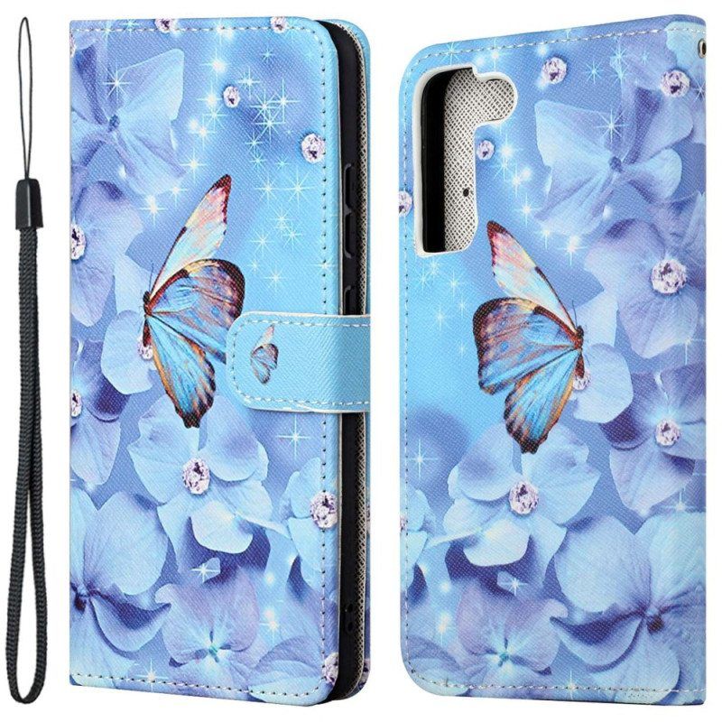 Flip Case Samsung Galaxy S23 5G Suojaketju Kuori Strappy Diamond Perhoset