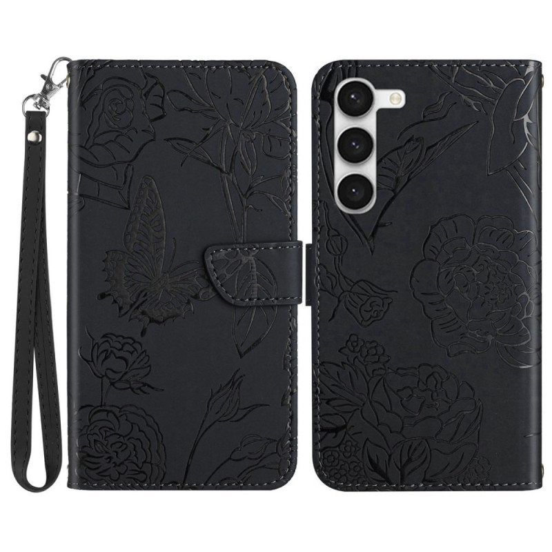 Flip Case Samsung Galaxy S23 Plus 5G Perhonen Kaulanauhalla