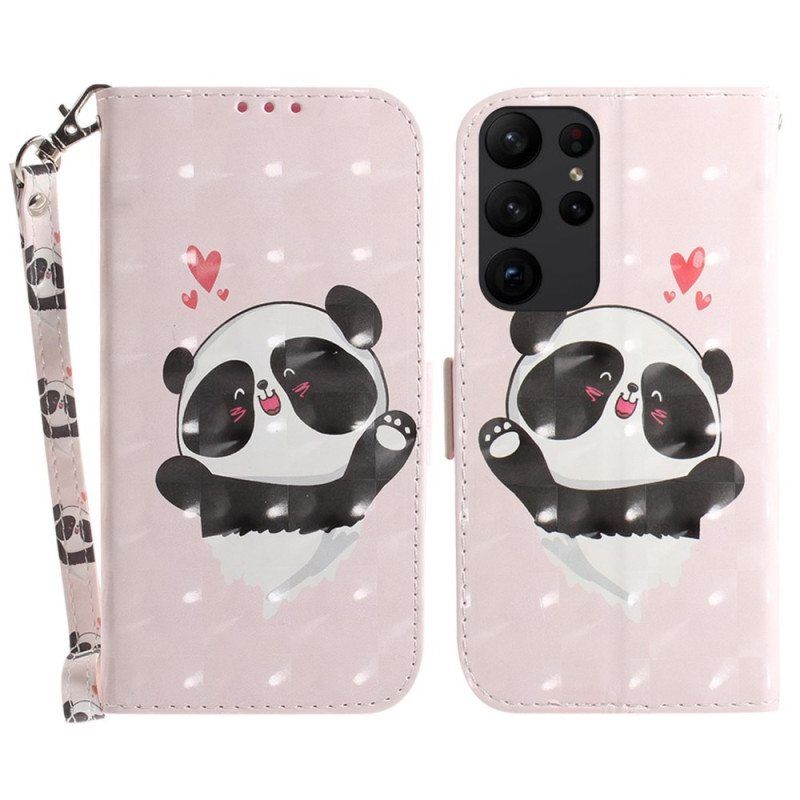 Flip Case Samsung Galaxy S23 Ultra 5G Suojaketju Kuori Pikku Panda Hihnalla