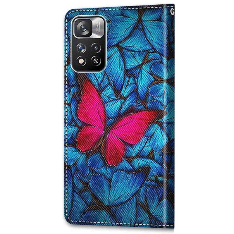 Flip Case Xiaomi Redmi Note 11 Pro Plus 5G Punainen Perhonen Sininen Tausta