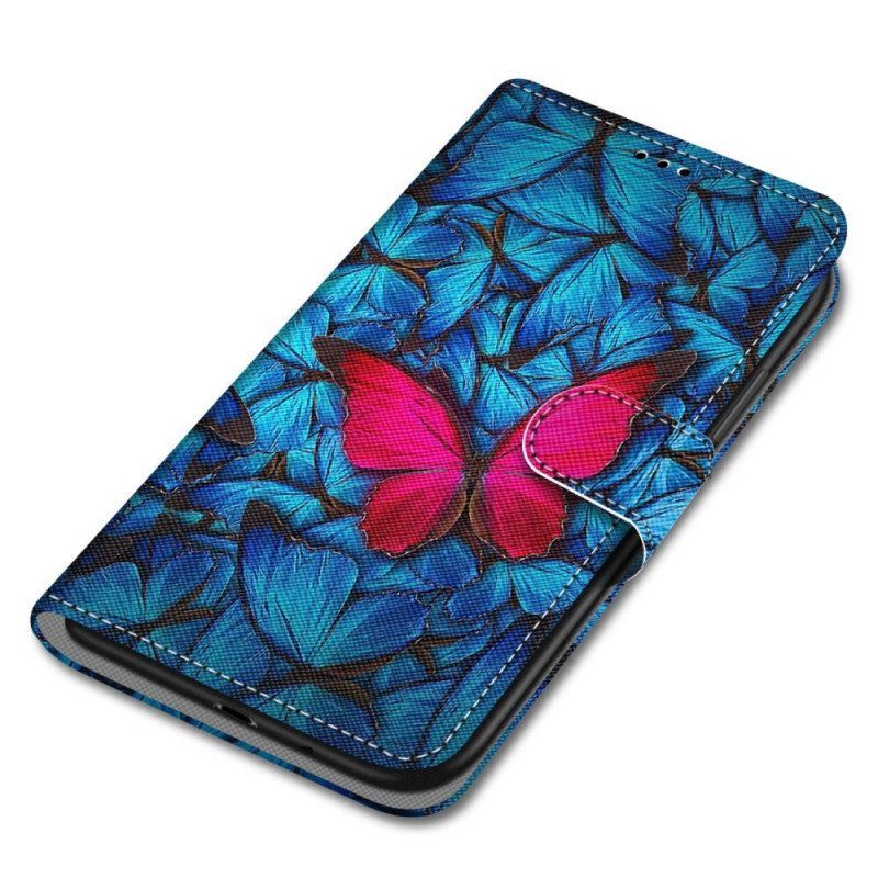 Flip Case Xiaomi Redmi Note 11 Pro Plus 5G Punainen Perhonen Sininen Tausta