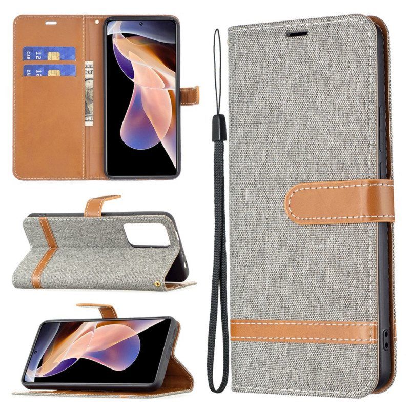 Flip Case Xiaomi Redmi Note 11 Pro Plus 5G Suojaketju Kuori Kangas- Ja Nahkaefektihihna