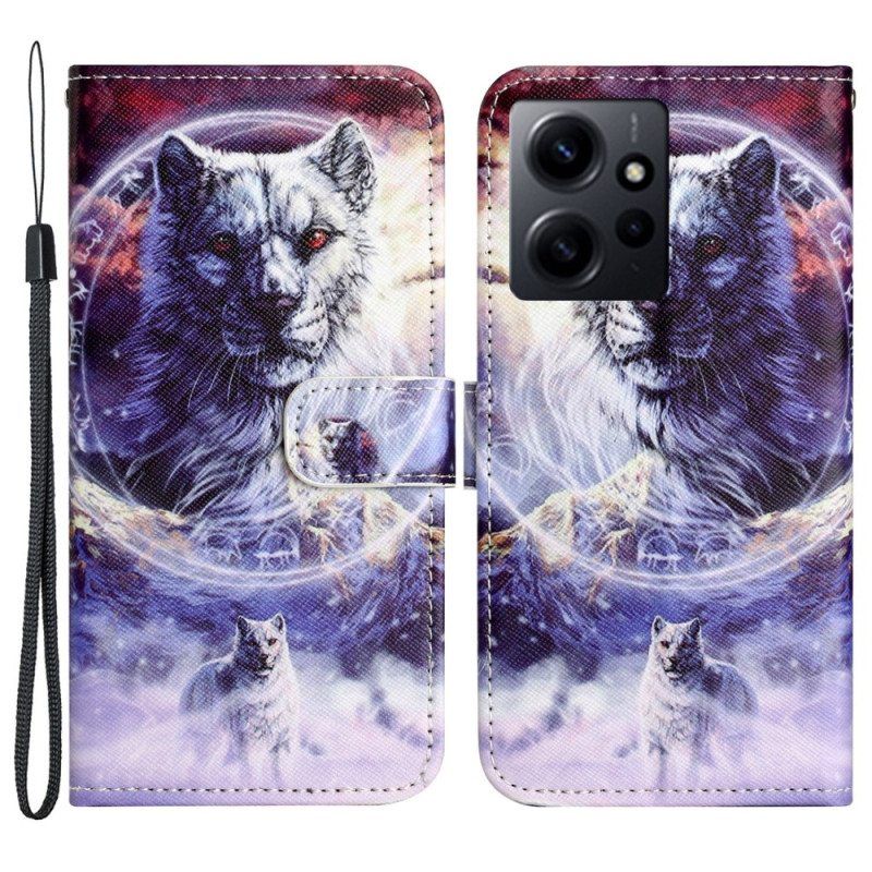 Flip Case Xiaomi Redmi Note 12 4G Suojaketju Kuori Strappy Snow Wolf