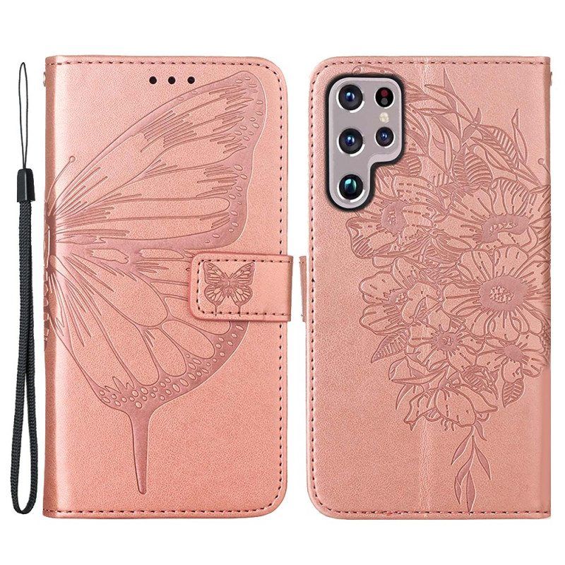 Kotelot Samsung Galaxy S22 Ultra 5G Butterfly Design Kaulanauhalla