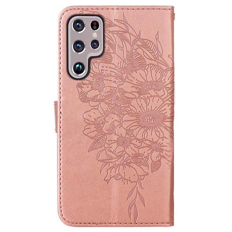 Kotelot Samsung Galaxy S22 Ultra 5G Butterfly Design Kaulanauhalla