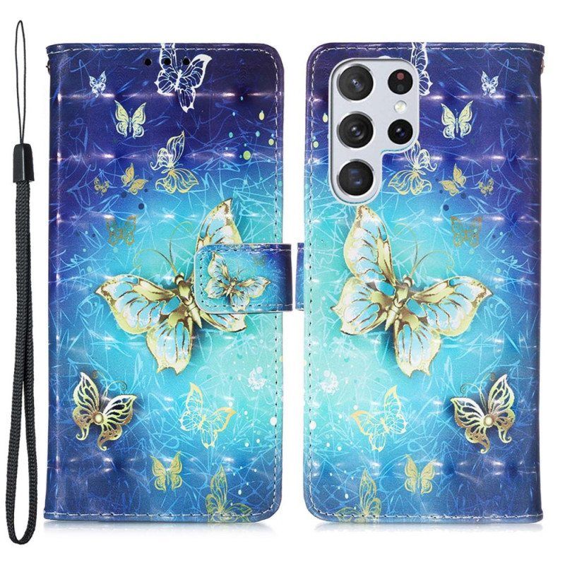 Kotelot Samsung Galaxy S22 Ultra 5G Golden Butterflies Kaulanauha