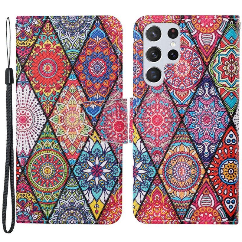 Kotelot Samsung Galaxy S22 Ultra 5G Patchwork Kaulanauhalla