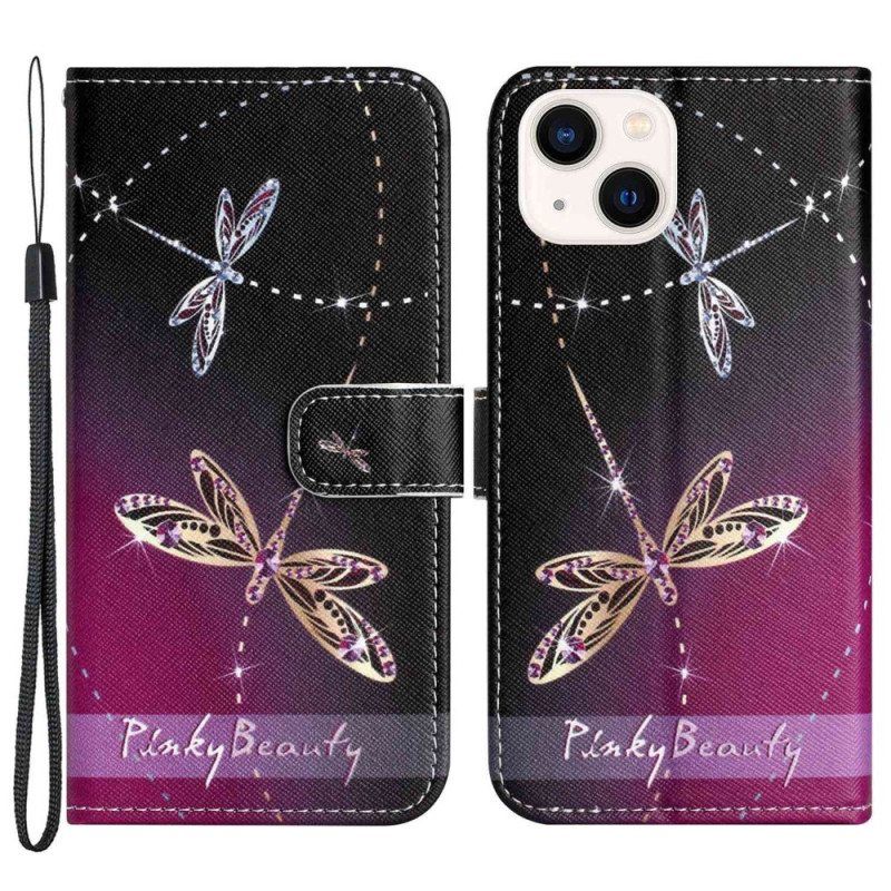 Nahkakotelo iPhone 14 Plus Suojaketju Kuori Strappy Dragonflies