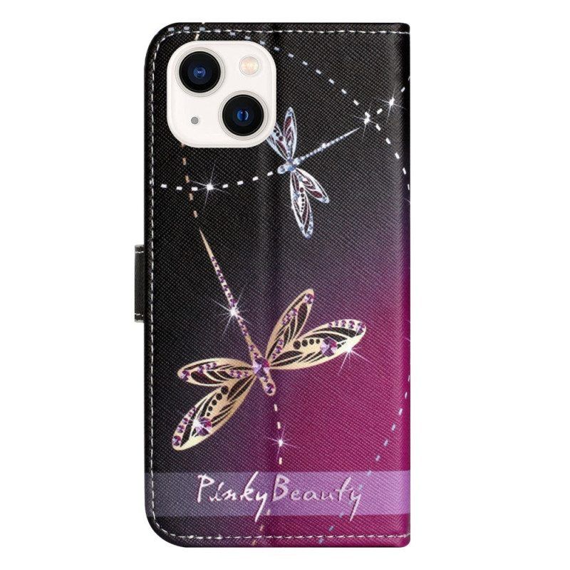 Nahkakotelo iPhone 14 Plus Suojaketju Kuori Strappy Dragonflies