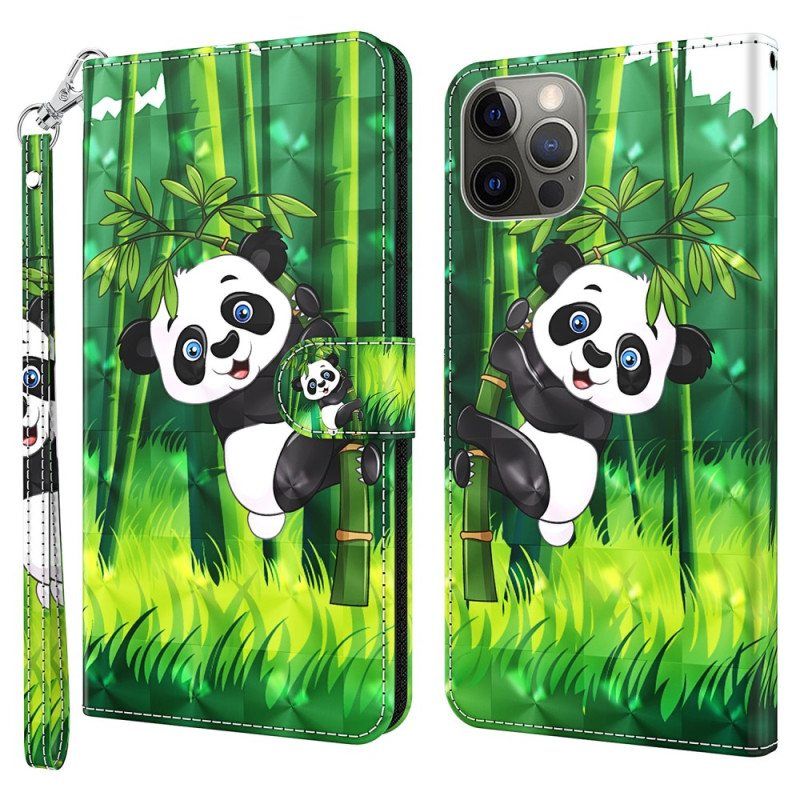 Nahkakotelo iPhone 15 Pro Max Suojaketju Kuori 3d Bamboo Panda Hihnalla