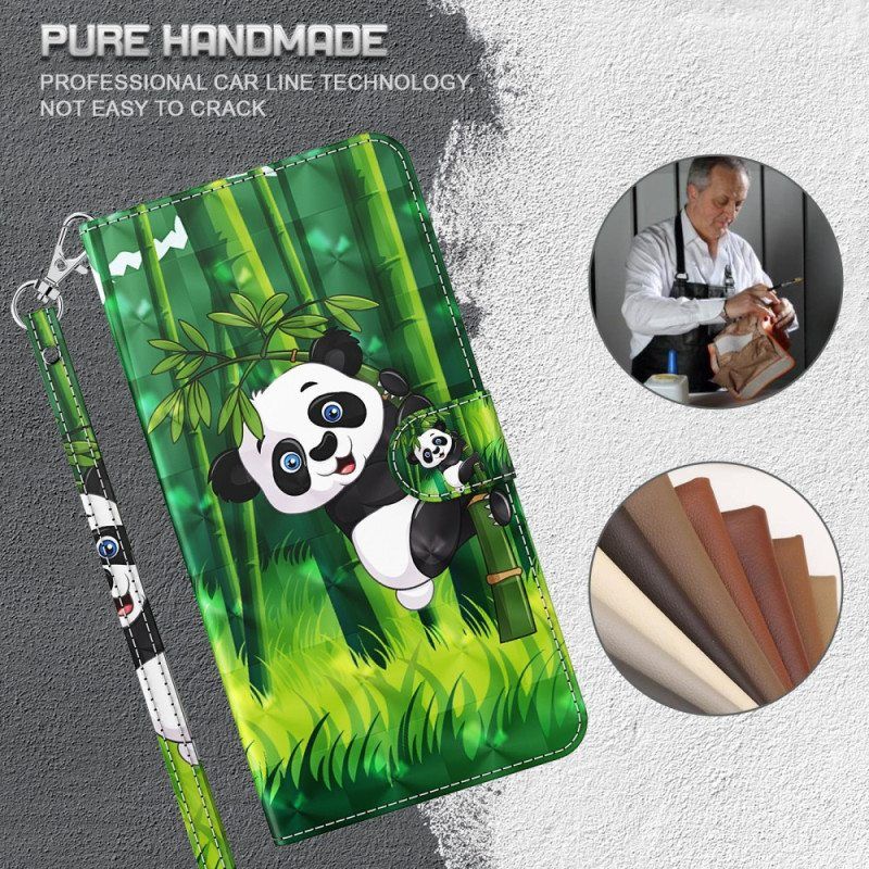 Nahkakotelo iPhone 15 Pro Max Suojaketju Kuori 3d Bamboo Panda Hihnalla