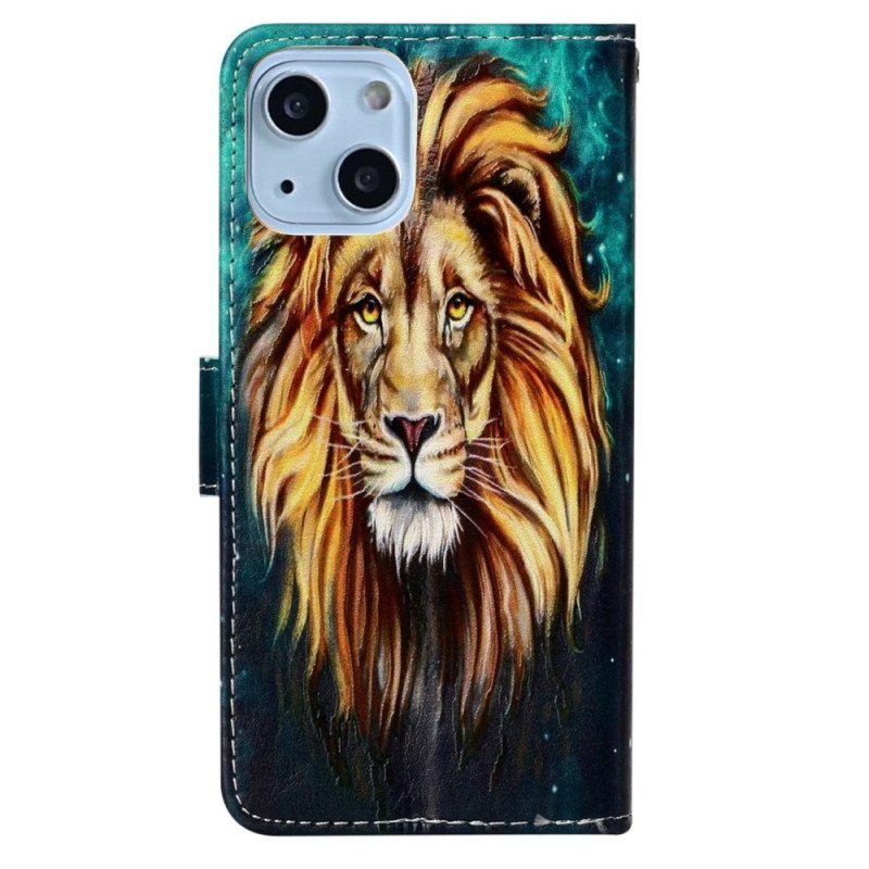 Nahkakotelo iPhone 15 Suojaketju Kuori Lion Graphic Kaulanauha