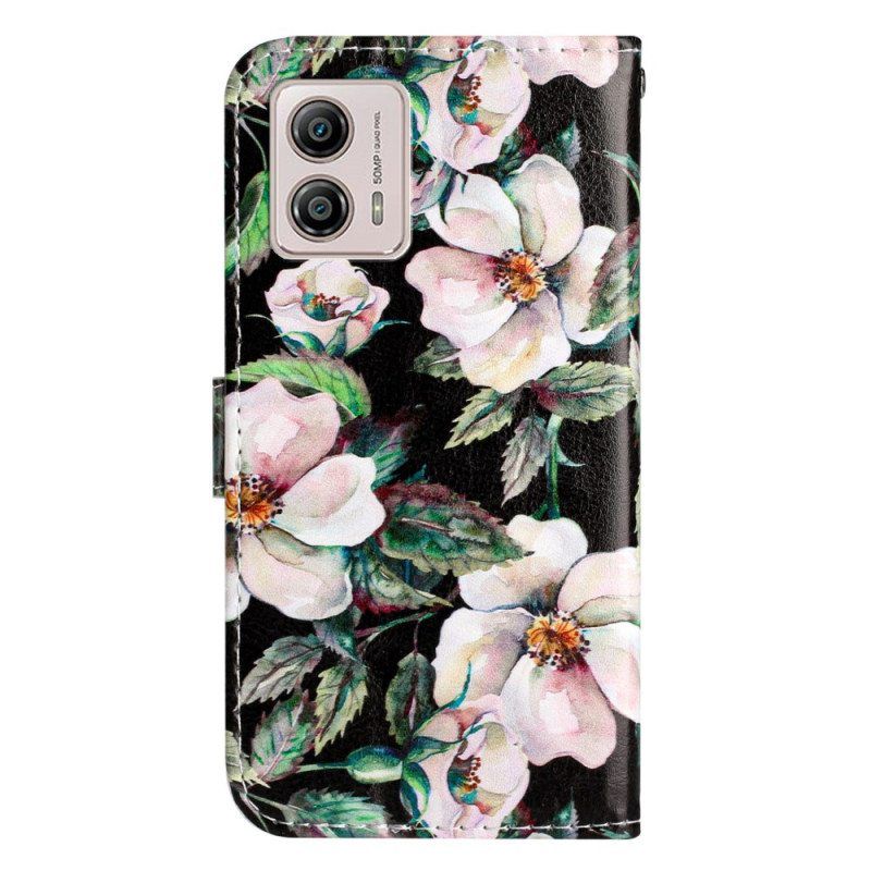 Nahkakotelo Moto G73 5G Suojaketju Kuori Hihna Magnolias