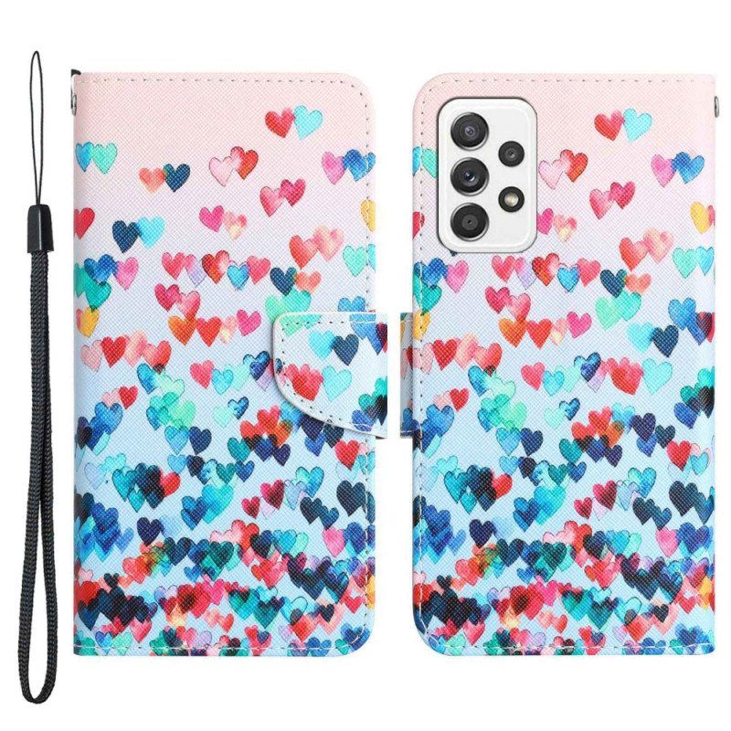 Nahkakotelo Samsung Galaxy A53 5G Suojaketju Kuori Strappy Hearts Rain